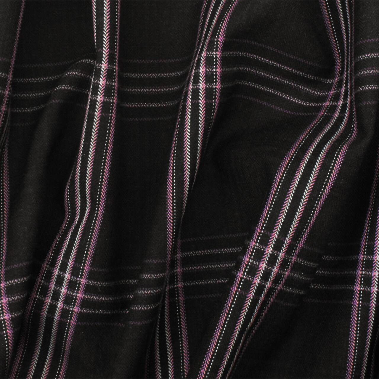 Black-Purple-Multi Plaid Wool Poly Herringbone Twill Woven Suiting Fabric By the Yard